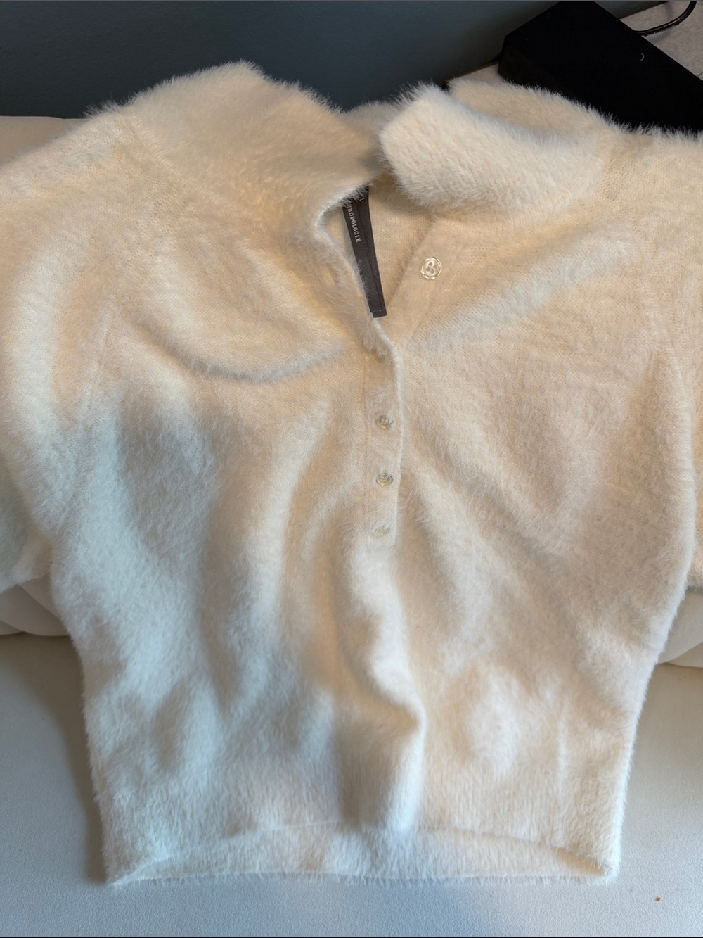 Anthropologie Cream Fuzzy Short-Sleeve Polo Sweater